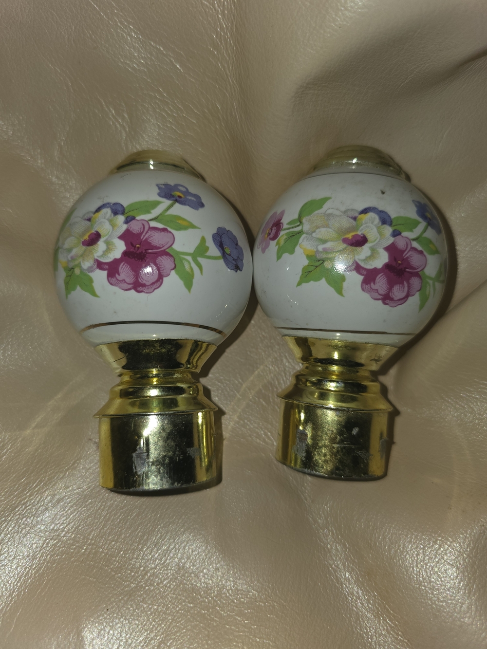 Floral Ceramic Bed Post Tops in White and Gold - Pair